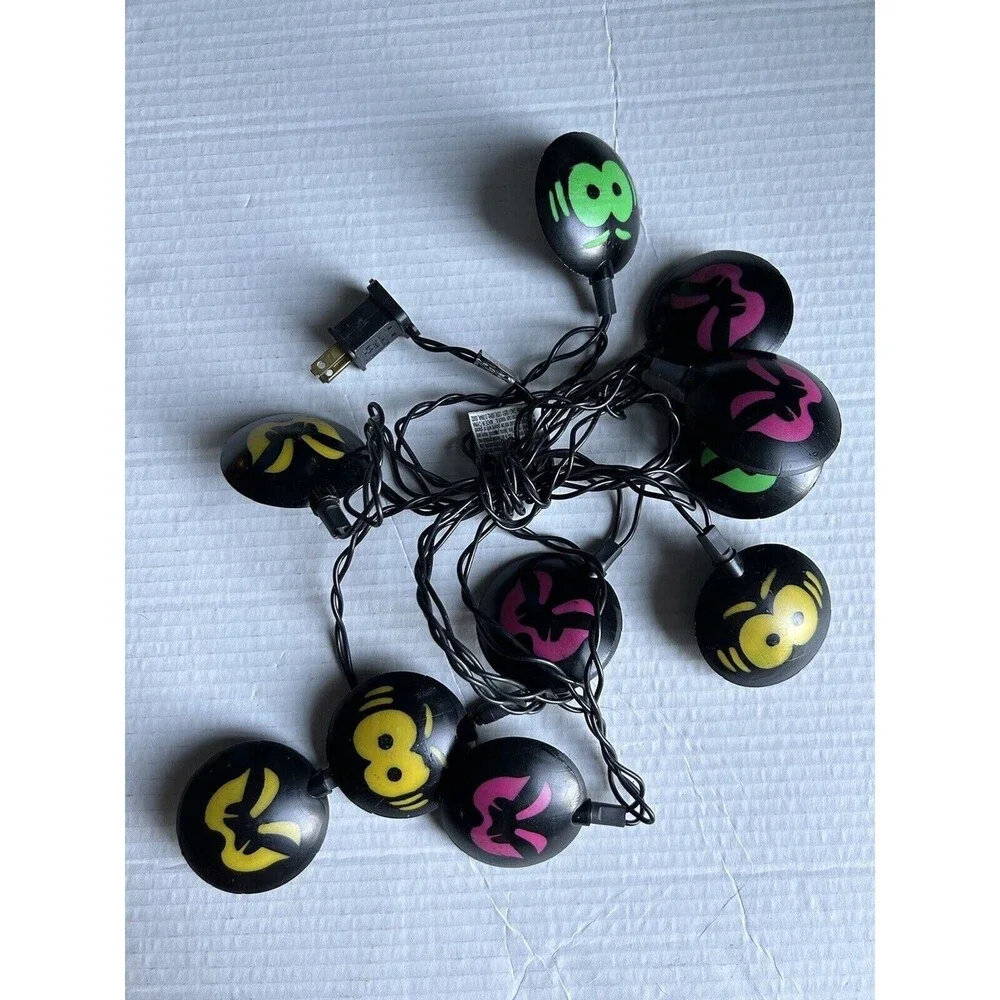 Halloween Blow Mold Spider Faces String Lights Blowmold Vtg 10 Light